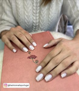 Shiny Off White Gel Nails On Pink Book