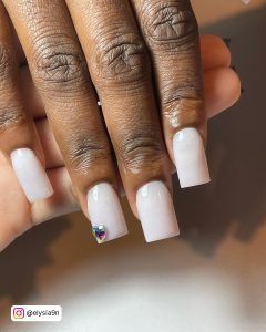 Short Acrylic Milky White Nails With Diamond