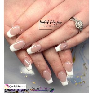 Short Classic White Tip Acrylic Nails On Marble Surface