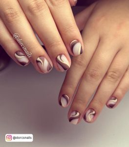 Short Milky White Nails With Brown And Cream Marble Pattern