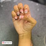 Short Pink And White Acrylic Nails In Coffin Shape