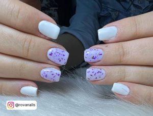 Short Purple And White Gel Nails On White Fur