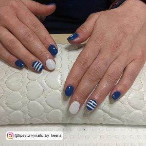 Short Royal Blue And White Plain Nails With Stripe Design