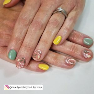 Short Spring Nail Designs In Yellow And Pink Color