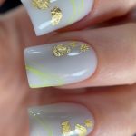 Short Sqaure White Nails And Gold Flakes With Neon Stripes