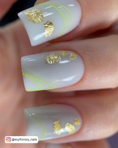 Short Sqaure White Nails And Gold Flakes With Neon Stripes