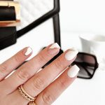Short White Square Nails With Gold Glitter Wavey Line Across Two Nails