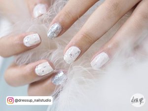 Short White Square Tip Nails With Silver Foil Detail And A Silver Foil Feature Nail