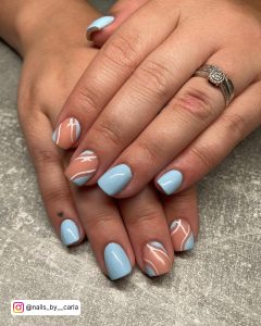 Simple Pastel Blue And White Swirl Nail Design On Grey Surface