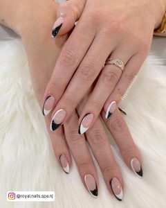 Sleek Black And White French Tips With Neat Line Work On White Fur