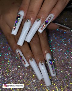 Soft White Nails With Diamonds In Multi Color