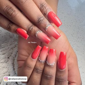 Spring Acrylic Nail Designs In Red Color With Diamonds