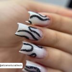 Square Bougie White Nails With Black Glitter