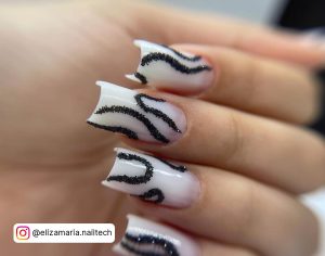 Square Bougie White Nails With Black Glitter