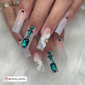 Square-Shaped White Glitter Ombre Nails With Green Rhinestones