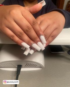 Square Short Huge Acrylic Nails With Diamonds Over Gel Nail Dryer