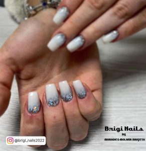 Square Tip Milky White Nails With Silver Cuticle Glitter