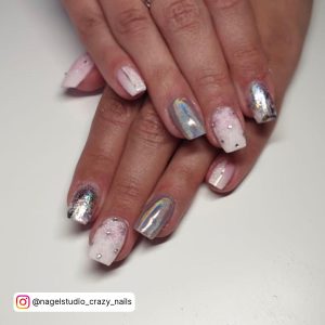 Square Tip Nails With White Nails With Silver Designs And Silver Chrome Nails