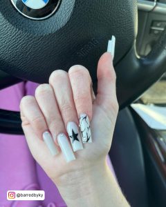 Star Acrylic White Nail Designs With Diamonds With Steering Wheel Background