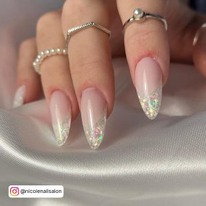 Stiletto-Shaped Ombre White Glitter Nails With Sparkling French Tips