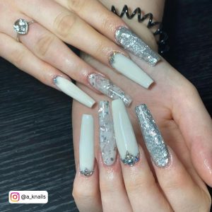 Very Long Coffin Nails, White Nails With Silver Cuticle Gems And Silver Glitter Nails