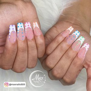 White Acrylic Nails Coffin With Multi Colored Polka Dots