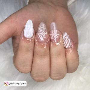 White Almond Nail, Clear Almond Nails With White Snowflakes And Clear Almond Nail With White Stripes