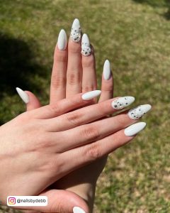 White Almond Nails With Rhinestones For Wedding