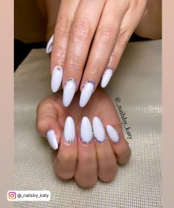 White Almond Nails With Small Cuticle Gems