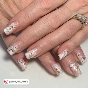 White And Clear Marble Nails With Gold Flakes