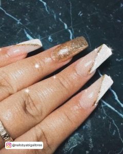 White And Gold Coffin Nails With French Tips