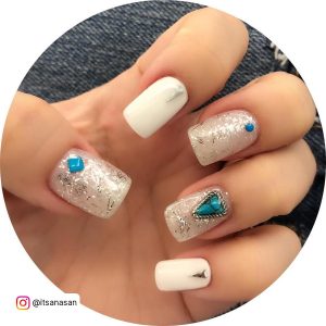 White And Silver Glitter Square Nails With Blue Rhinestones