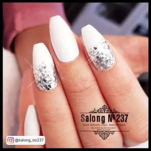 White Ballerina Nails With Silver Glitter Ombre