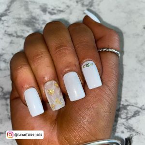 White Bridal Square Nails With One Gold Foil Nail And One Nail With Rhinestones