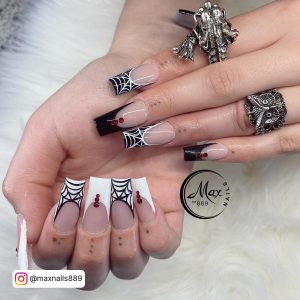White Coffin Nails With Design Like Cobwebs