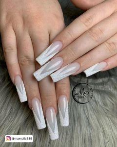 White Coffin Nails With Silver Glitter Perfect For Brides