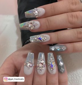 White Coffin Nails With Silver Holographic Glitter Tips And Silver Rhinestones