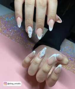 White French Tip Almond Nails With White 3D Flower Design