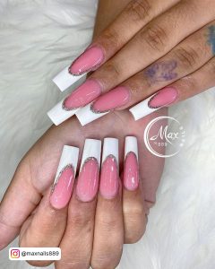White French Tip Coffin Nails With Diamonds