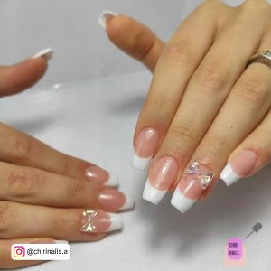 White French Tip Nail Designs With Shiny Bows