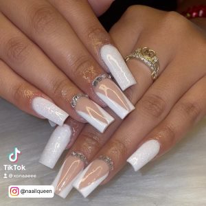 White Glitter Nails With Silver Pearls Snapped From Tiktok
