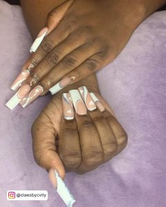 White Heart Nails With Peach Base