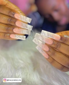 White Marble Coffin Nails With Pink Base