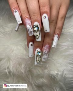 White Marble Nail Designs With Diamonds