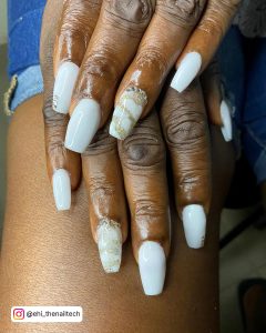 White Marble Nails With Gold Flakes For Wedding Looks