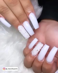 White Nails With Diamond Design On Ring Finger