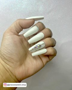 White Nails With Diamonds Coffin For A Party