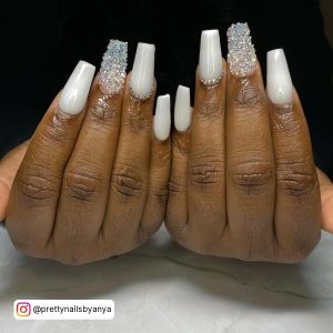 White Nails With Glitter And Diamonds For A Party