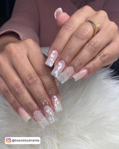 White Nails With Heart Design Using Glitter