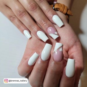 White Nails With Heart On One Finger